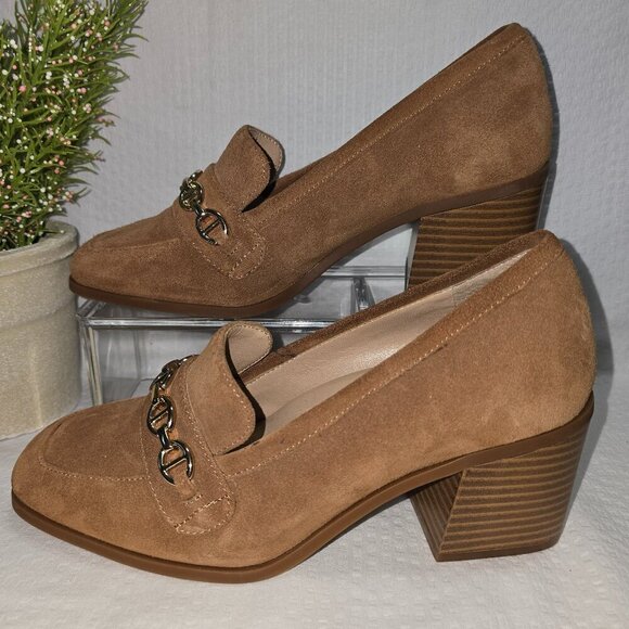 ALEX MARIE 4 FEATURE TECHNOLOGY CHUNKY HEELED TAN SUEDE LOAFERS CHAIN DETAIL 8 - Picture 2 of 9